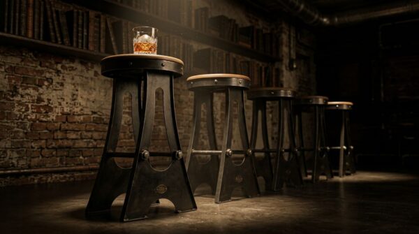 Handcrafted A Frame Bar Stools in Row at Upscale Speakeasy Bar