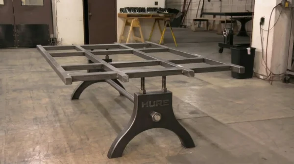Hure table base with natural steel finish, large subframe configuration for longer tops