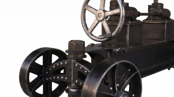 Train Table Base close-up — 12.5 inch handmade casters and hand-cranked screw mechanism by Vintage Industrial