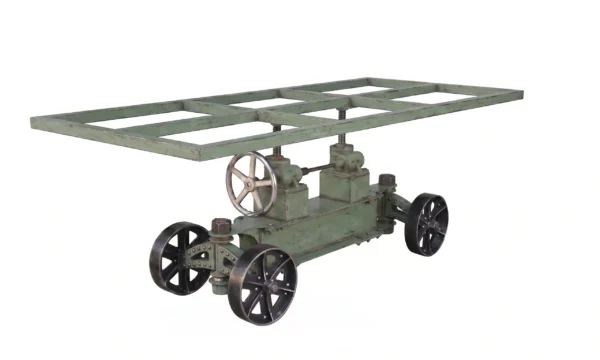Train Table Base in sage green aged paint finish — adjustable-height industrial table base by Vintage Industrial