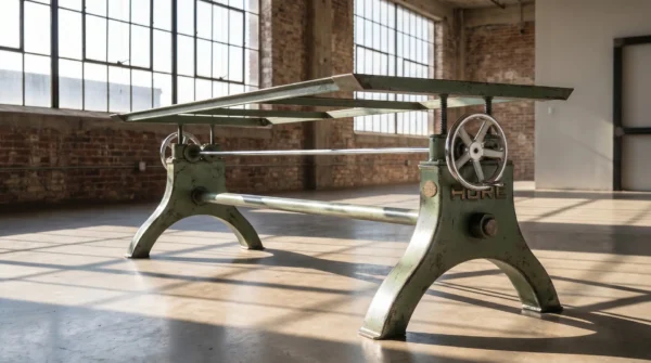 Industrial Hure crank table base with sage green aged paint and brass accents.