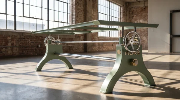 Sage green Industrial Hure crank table base with brass accents.