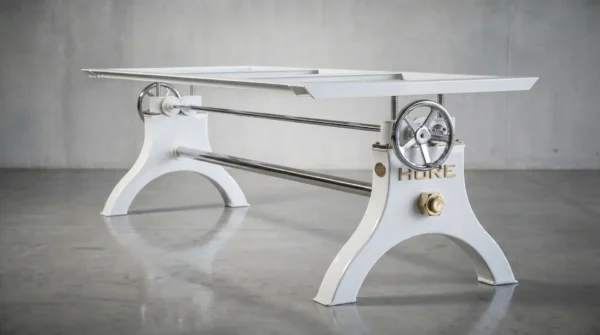 White glossy Industrial Hure crank table base with brass accents