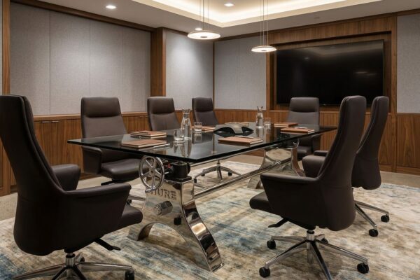 Polished stainless steel Hure Crank Conference Table by Vintage Industrial