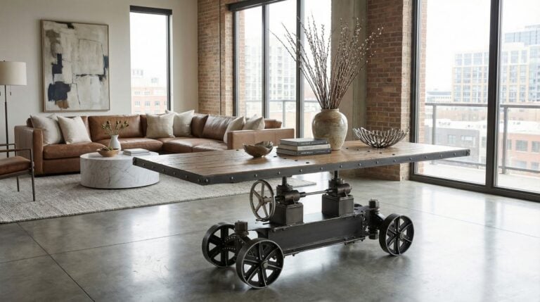 Train Crank dining table with adjustable steel base and walnut top in modern home