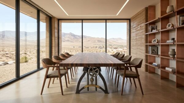 Bespoke Steel IndustriaLux Crank Table: Where the Factory Meets the Penthouse in Walnut in a Office