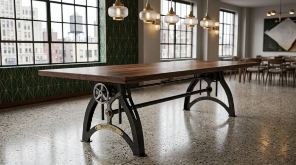 Custom Handcrafted IndustriaLux Crank Table: Where the Factory Meets the Penthouse in Walnut in a Dining Room