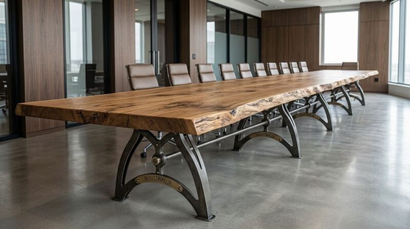 IndustriaLux Conference Room Table with Live Edge Oak Top in Modern Office