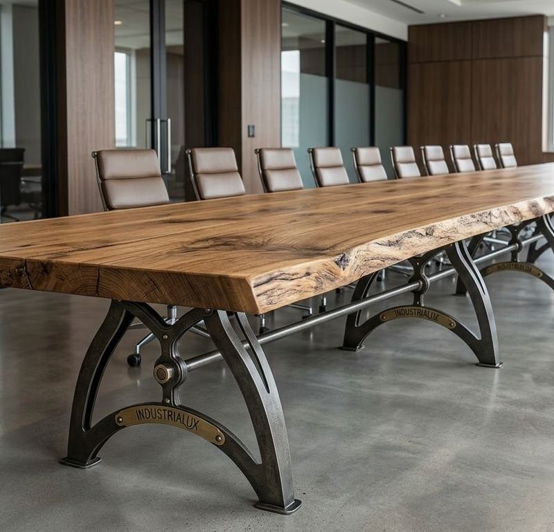 IndustriaLux Conference Room Table with Live Edge Oak Top in Modern Office