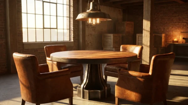 French Column pedestal table in loft apartment — custom steel and stone dining table