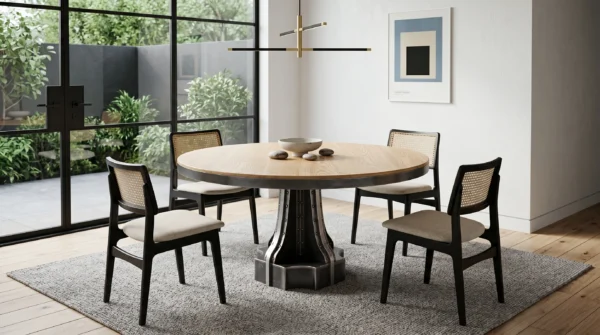 French Column pedestal table with oak top in modern home — industrial steel dining table