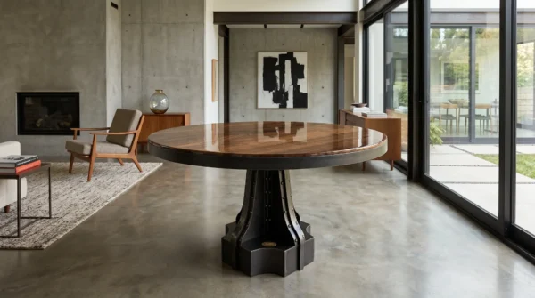 French Column dining table with walnut top in modern home — hot-rolled steel riveted pedestal base
