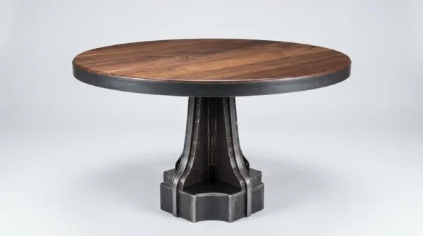 French Column pedestal dining table with riveted steel base and walnut top — custom industrial furniture by Vintage Industrial