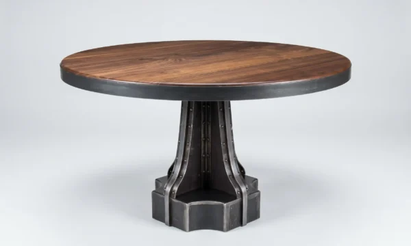 French Column pedestal dining table with riveted steel base and walnut top — custom industrial furniture by Vintage Industrial