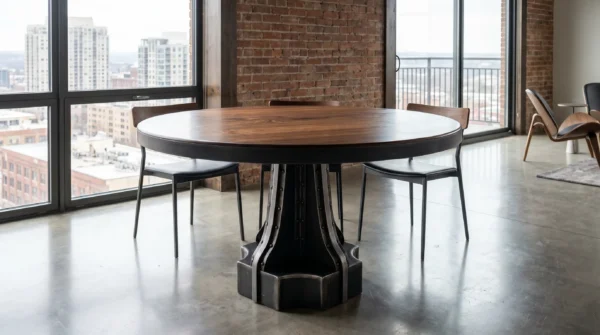 French Column dining table with walnut top — riveted hot-rolled steel base, custom built to order