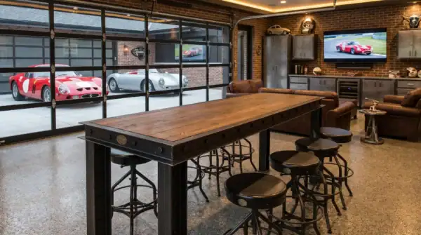 Firehouse industrial bar table in natural steel with hardwood top — man cave garage setting