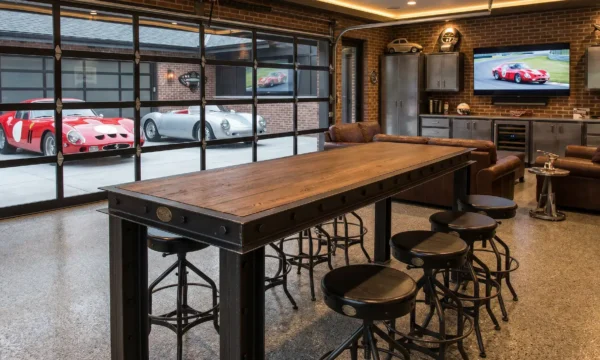 Firehouse industrial bar table in natural steel with hardwood top — man cave garage setting