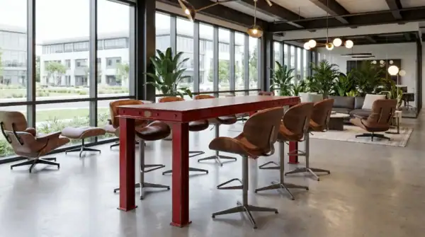 Firehouse bar table in red aged paint finish — tech firm common area