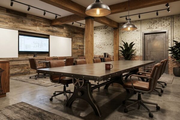Large Hure Crank industrial boardroom table with plate steel top in loft conference room