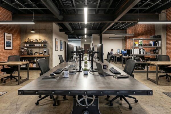 Large Hure Crank industrial conference table with plate steel top in open style conference room