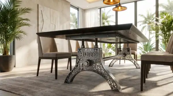 Digital Hure custom dining table styled in a contemporary Florida dining room