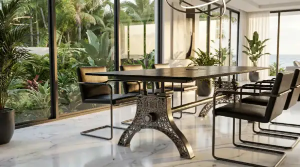 Digital Hure dining table with Voronoi steel base and natural wood top in a modern Florida home