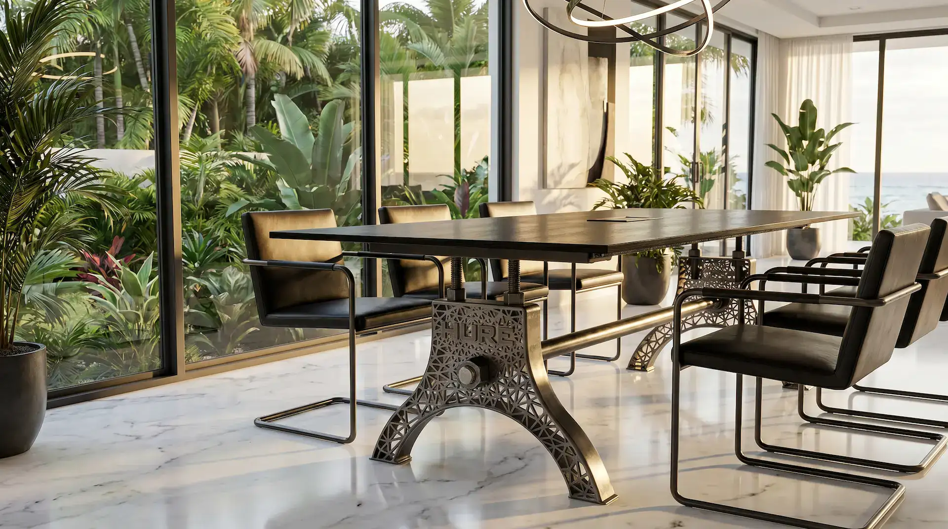 Digital Hure dining table with Voronoi steel base and natural wood top in a modern Florida home