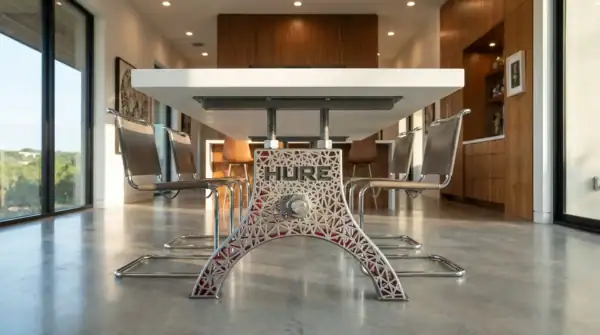 Digital Hure dining table with white top and steel tessellated base in a modern Los Angeles home