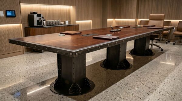 I-Beam Pedestal Industrial Conference Table with mahogany top in Executive Boardroom