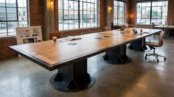 Large I-Beam Pedestal Industrial Boardroom Table with oak top in loft office
