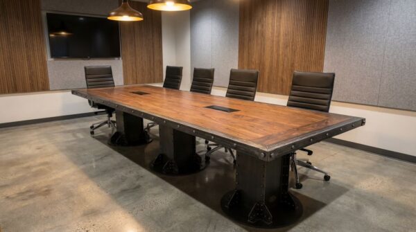 Large I-Beam Pedestal Industrial Conference Table with Walnut Top in Executive Boardroom