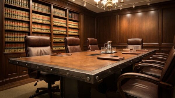 I-Beam Pedestal Industrial Conference Table with walnut top in law office