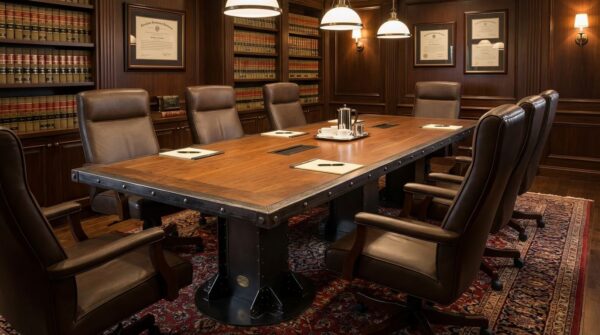 I-Beam Pedestal Industrial Conference Table with walnut top in legal office