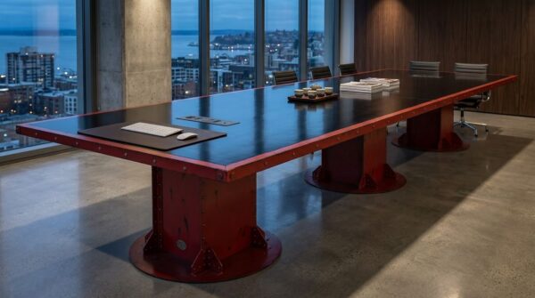 Large red I-Beam Pedestal Industrial Conference Table with black top in Executive Boardroom