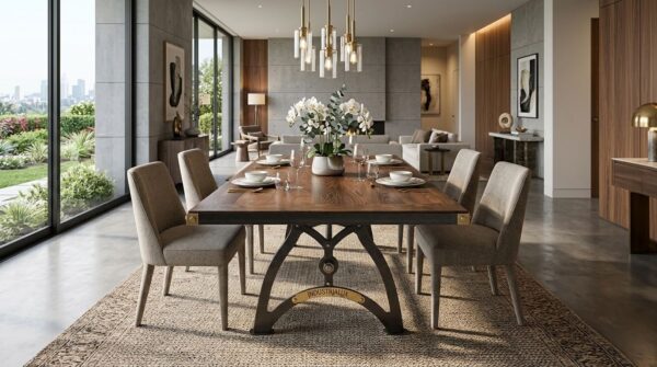 IndustrialLux Dining Table with Oak top in Luxury Los Angeles Home