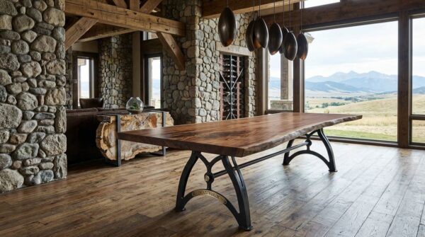 IndustrialLux Dining Table with Walnut live edge top in Wyoming home