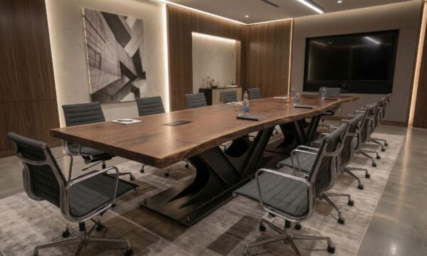 Live Edge large luxury industrial conference table with hidden wiring in boardroom