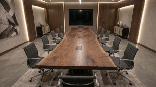 Walnut Live Edge large industrial conference table with hidden wiring in a modern boardroom