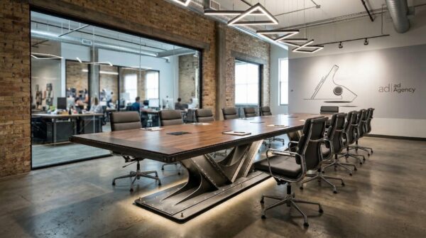 Large industrial walnut top conference table with hidden wiring in a Ad agency conference room