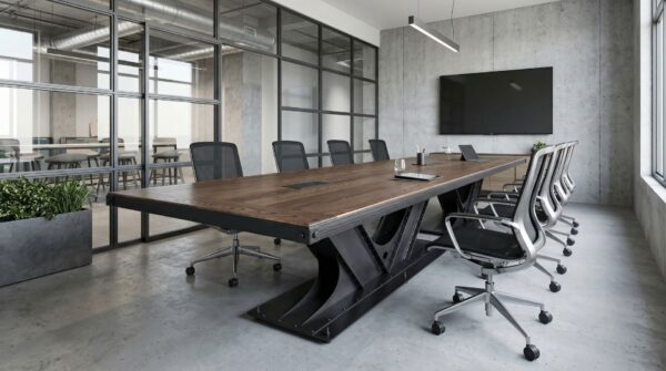 Large industrial conference table with hidden wiring in a modern Los Angeles boardroom