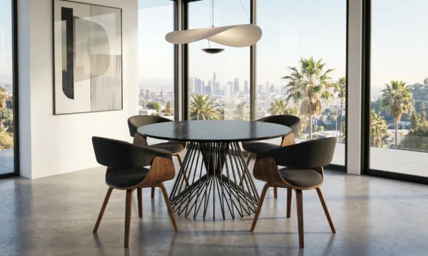 Radial Pedestal Table with black marble top and steel wire base in Los Angeles high-rise dining room