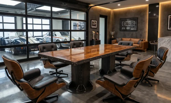 I-Beam Dining Table with walnut top and riveted steel base in man cave garage bar