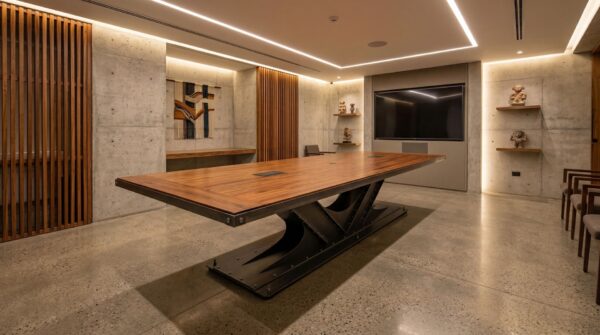 Large industrial conference table with hidden wiring in a Mexico boardroom