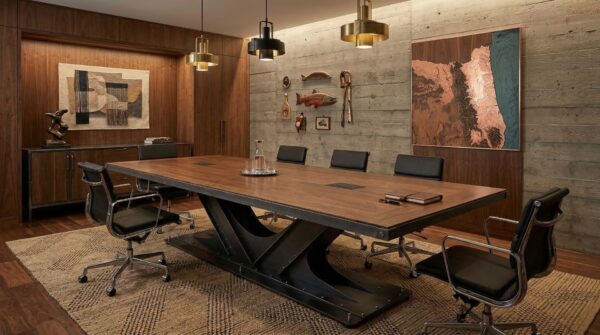 Large industrial conference table with hidden wiring in a Portland boardroom