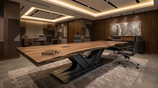 Large industrial conference table with hidden wiring in Portland boardroom Live Edge Top