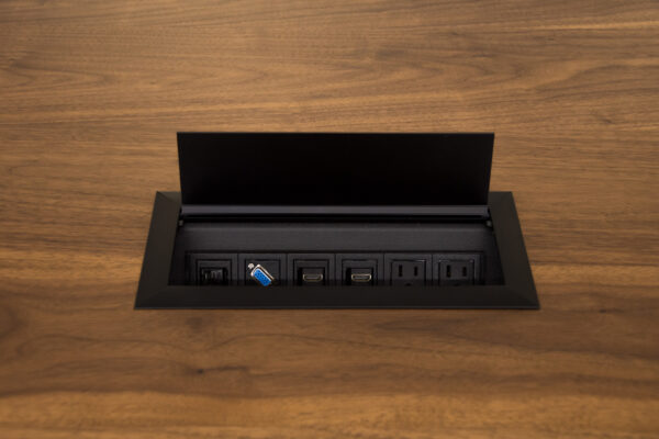 6 port Data Port inset in walnut top conference table