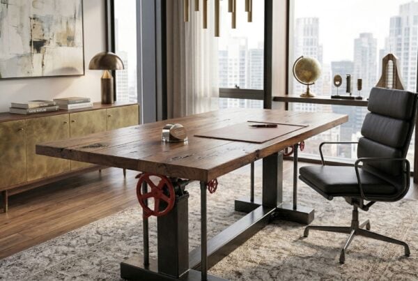 Industrial adjustable height desk with mechanical hand crank and live edge top