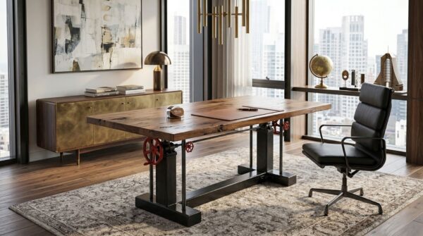 Industrial adjustable height desk with mechanical hand crank and live edge top