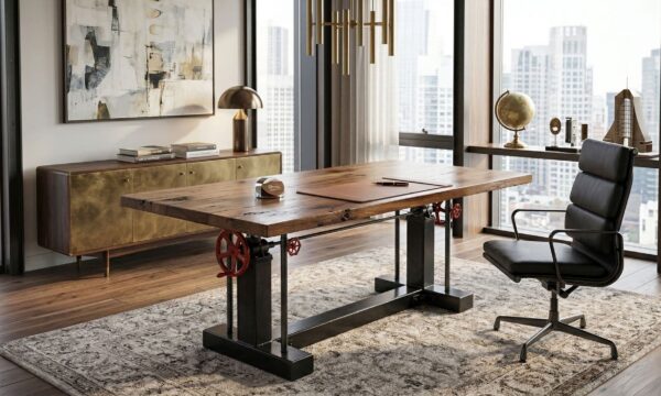 Industrial adjustable height desk with mechanical hand crank and live edge top
