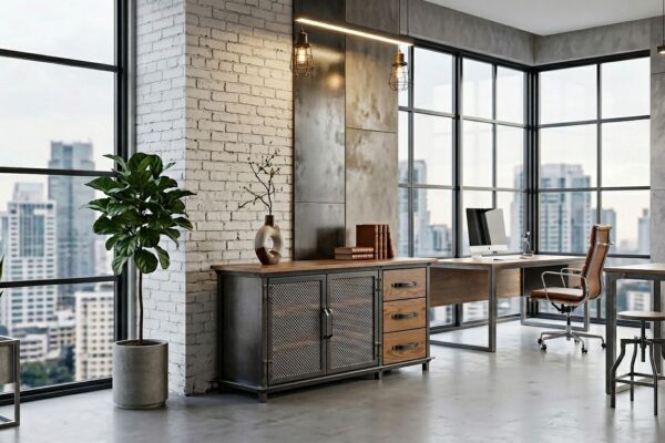 Custom Steel Ellis Console with Drawers with Raw Finish in a Office